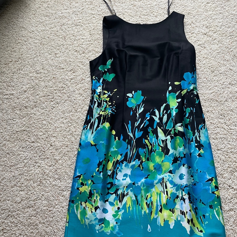 Stunning color, teak/black detail at hem, size 10, sheath dress.